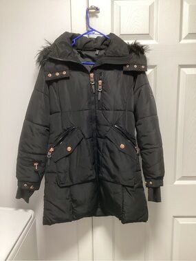 Xoxo Black Puffer Coat with Faux Fur Trim
